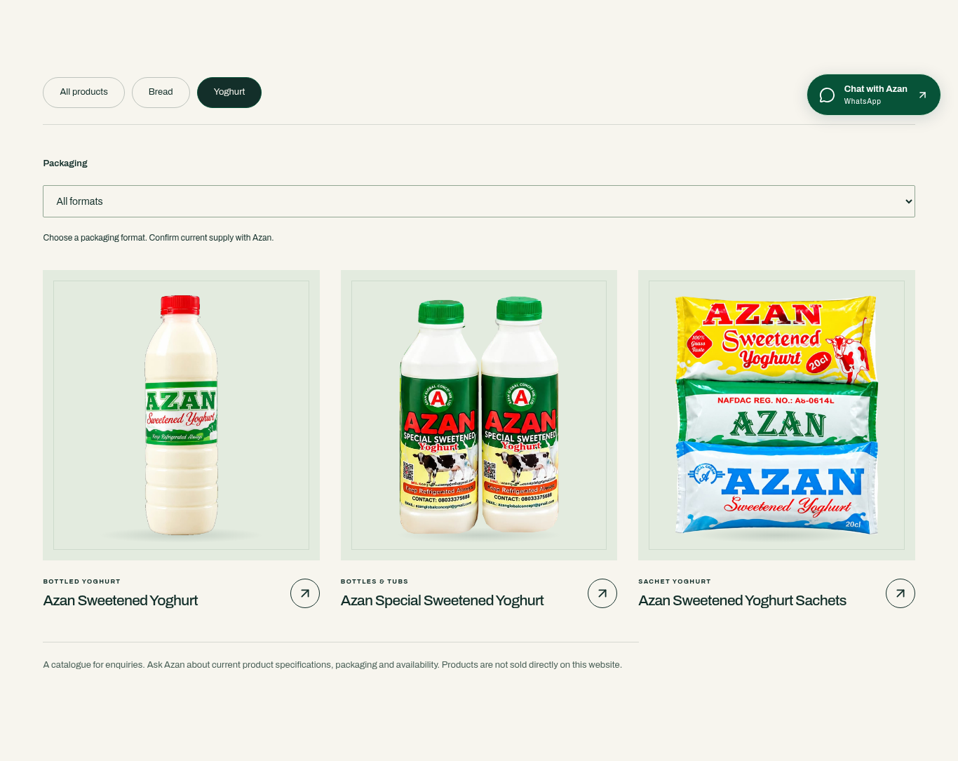 Azan yoghurt product cards showing bottles and sachets as distinct packaging formats.