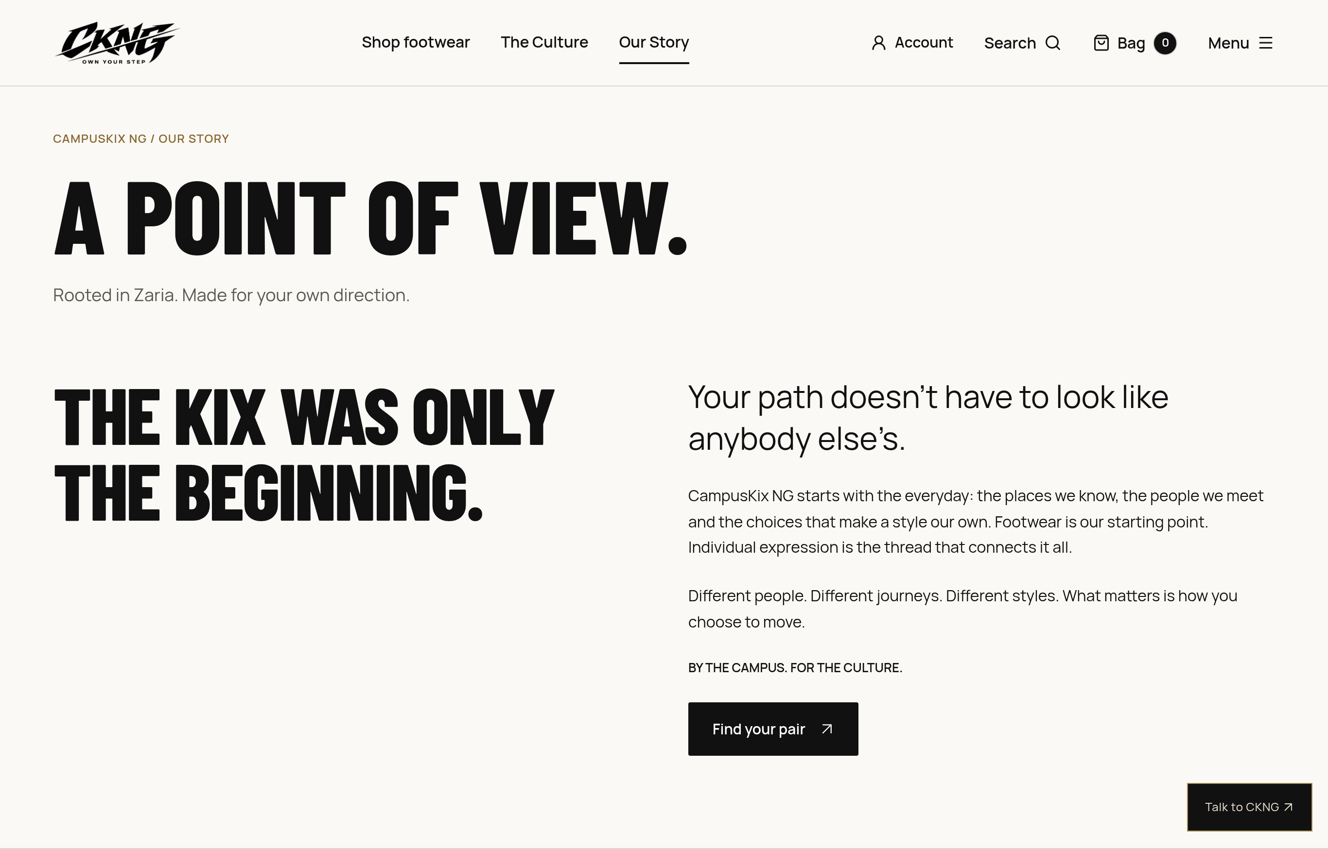 CampusKix NG story page with A Point of View and The Kix Was Only the Beginning headlines beside the brand narrative.