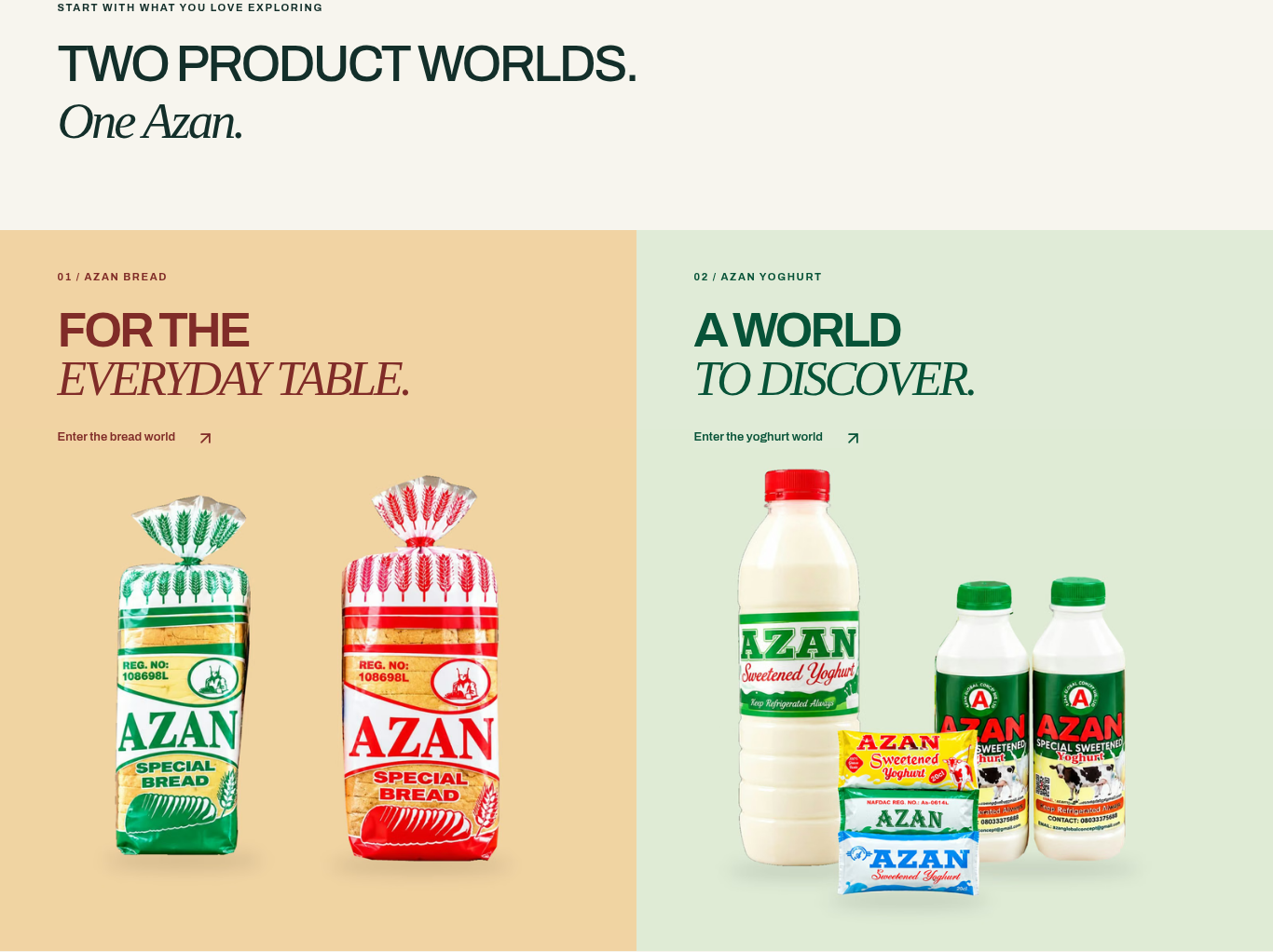 Azan website section presenting bread and yoghurt as two distinct product worlds.