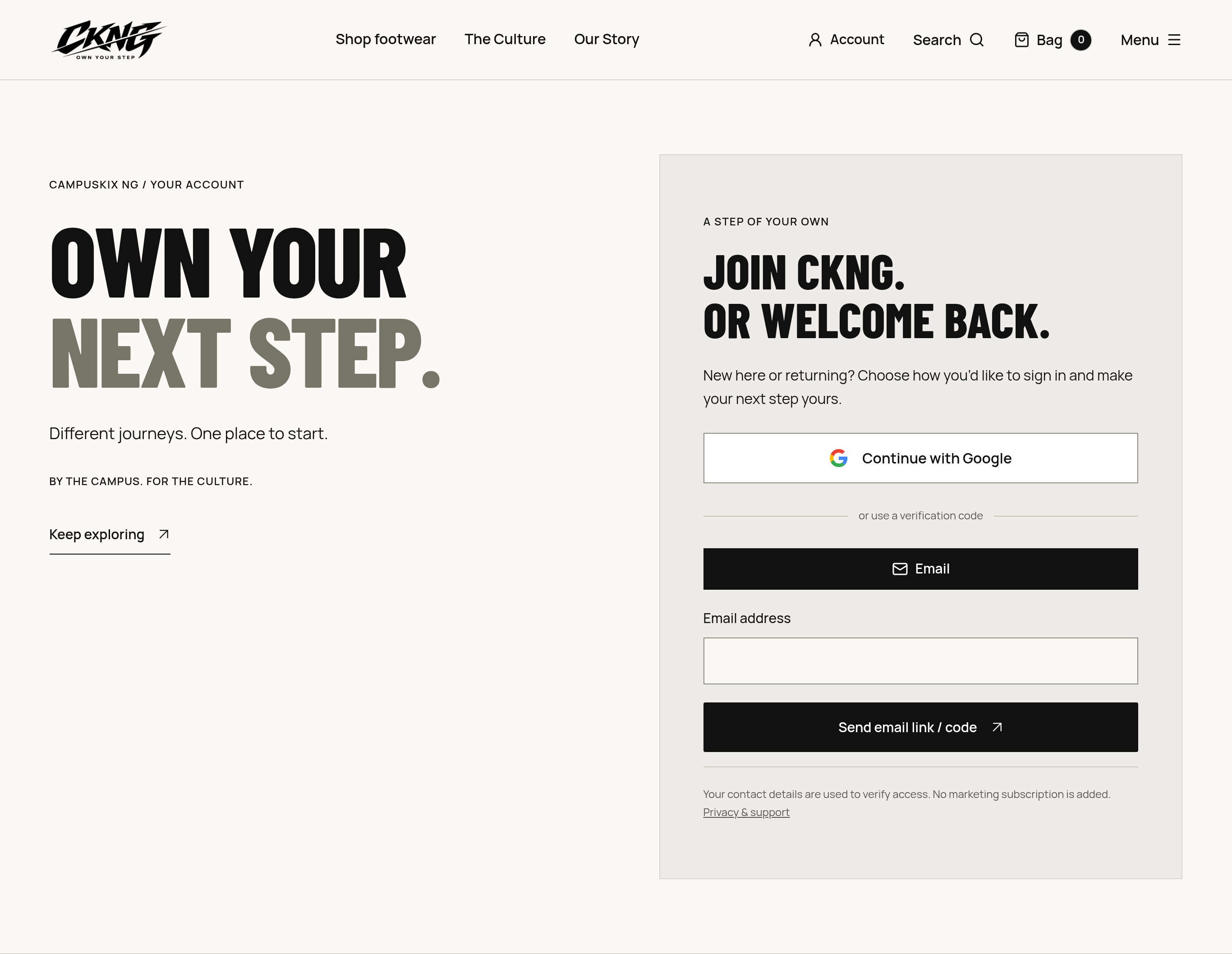 CampusKix NG account page with Own Your Next Step typography and a signed-out account interface.