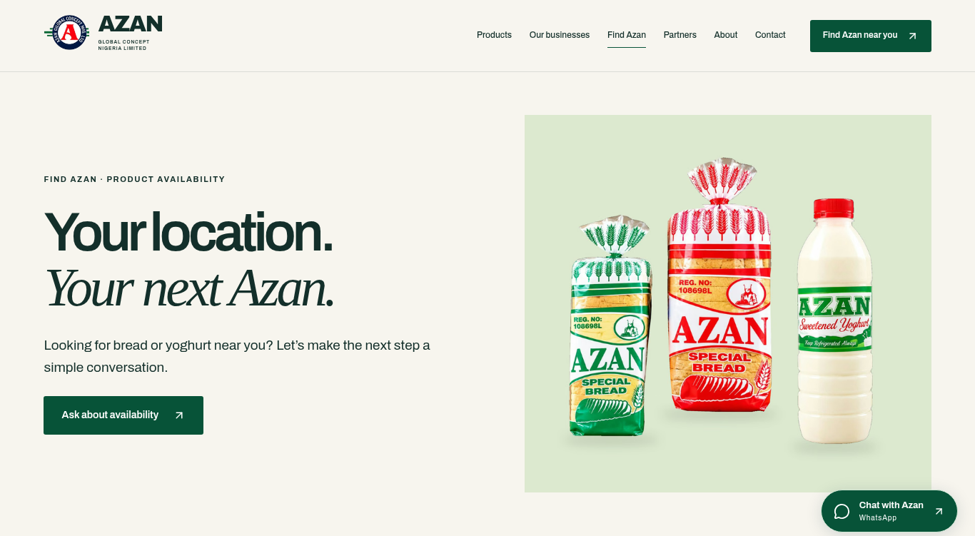 Find Azan page hero featuring Azan products and introducing the location and enquiry journey.