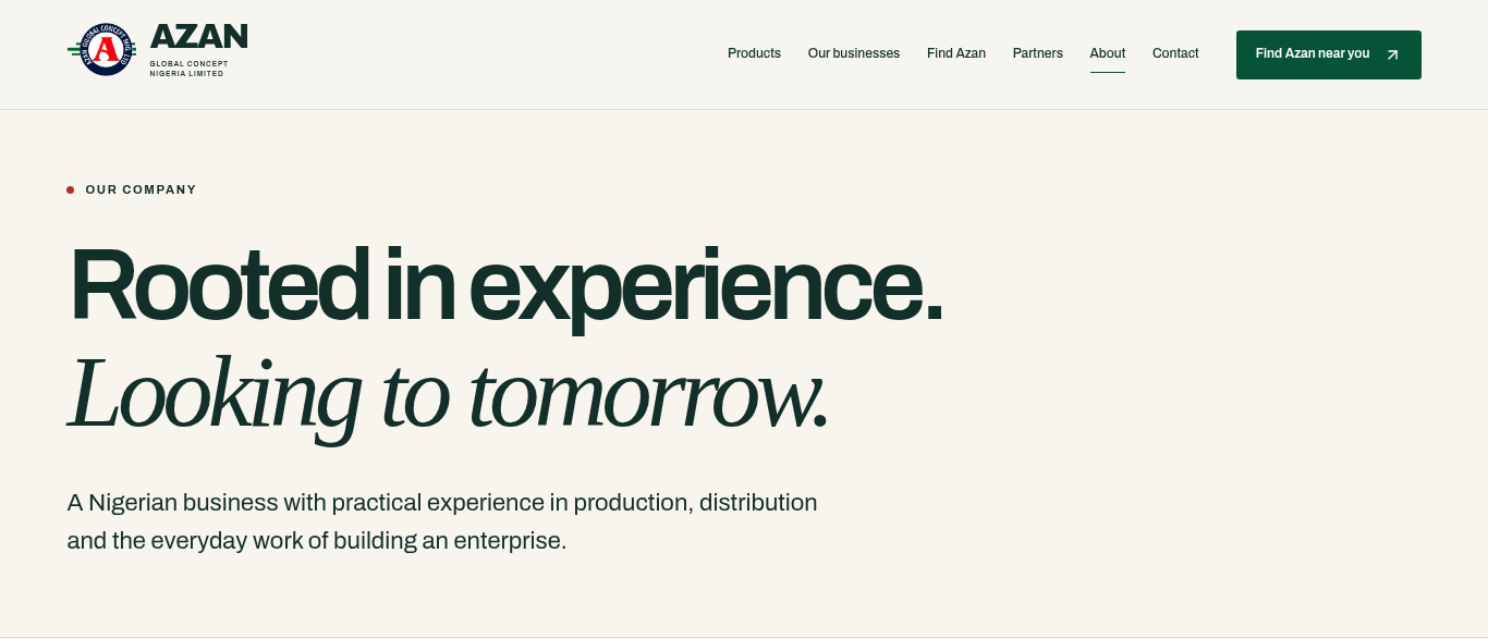 Azan About page with the heading “Rooted in experience. Looking to tomorrow.” in bold sans serif and italic serif on a cream background.