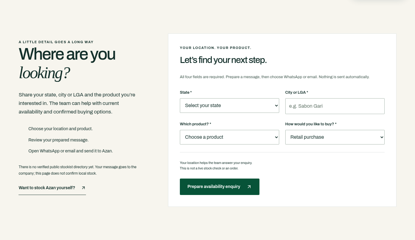 Azan prepare-enquiry form collecting state, city, product and purchase details for a message the visitor reviews before choosing WhatsApp or email.