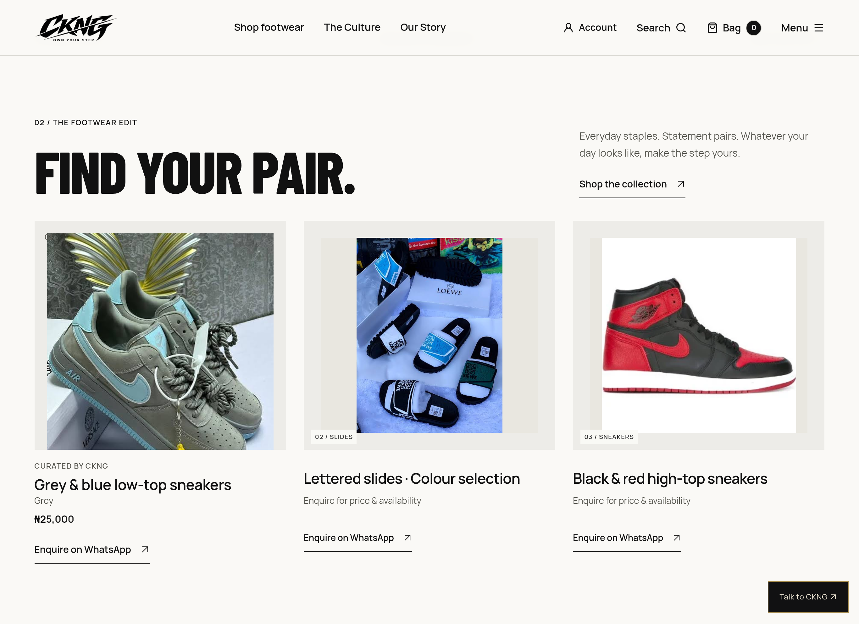 CampusKix NG footwear grid showing grey-and-blue low-top sneakers, slides and black-and-red high-top sneakers.