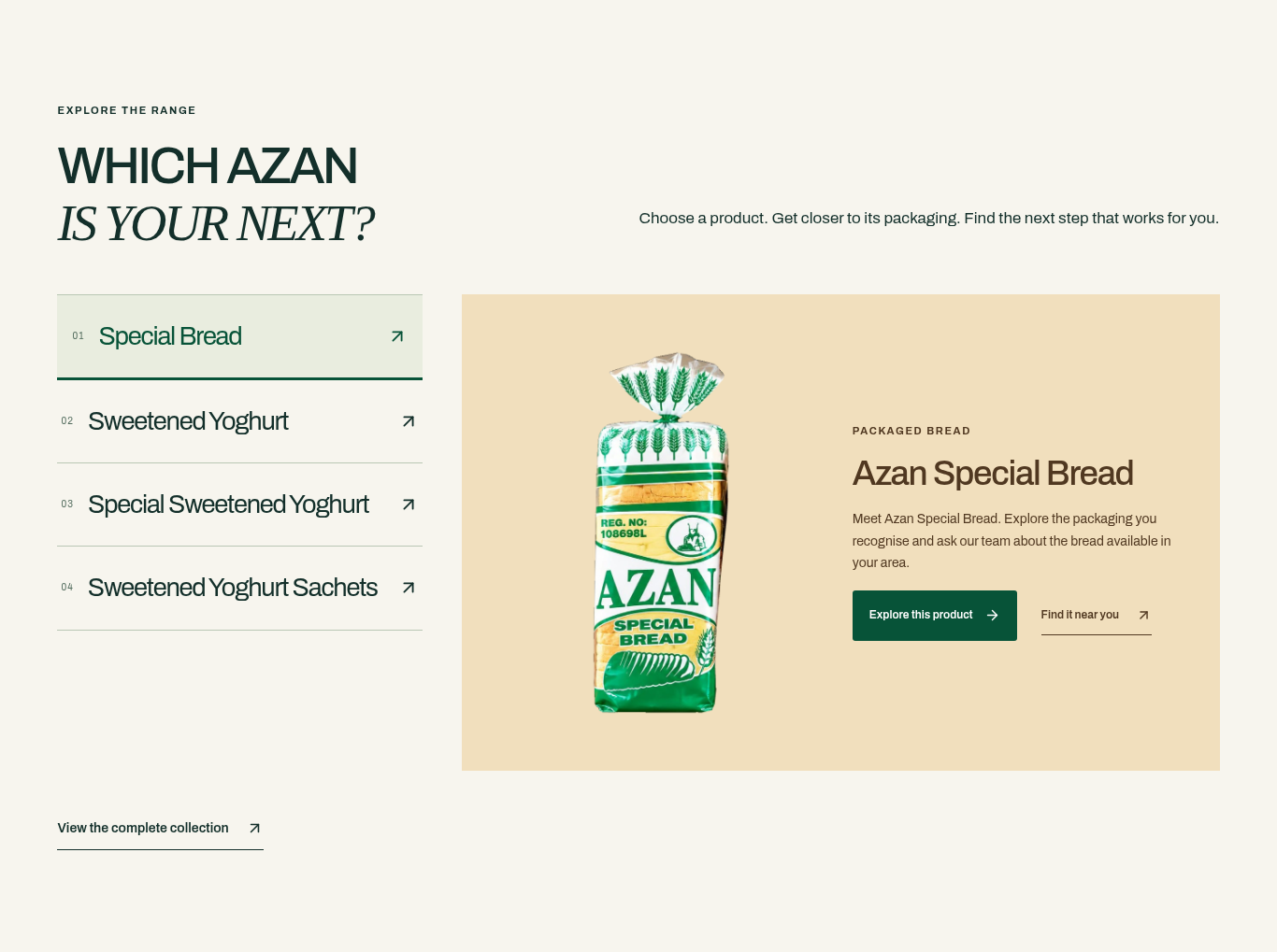 Azan product-range section with a vertical category selector on the left and the selected bread panel on the right.