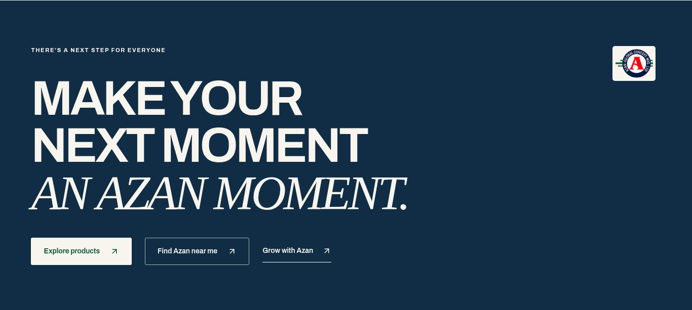 Azan's navy closing section with Explore products, Find Azan near me and Grow with Azan calls to action.