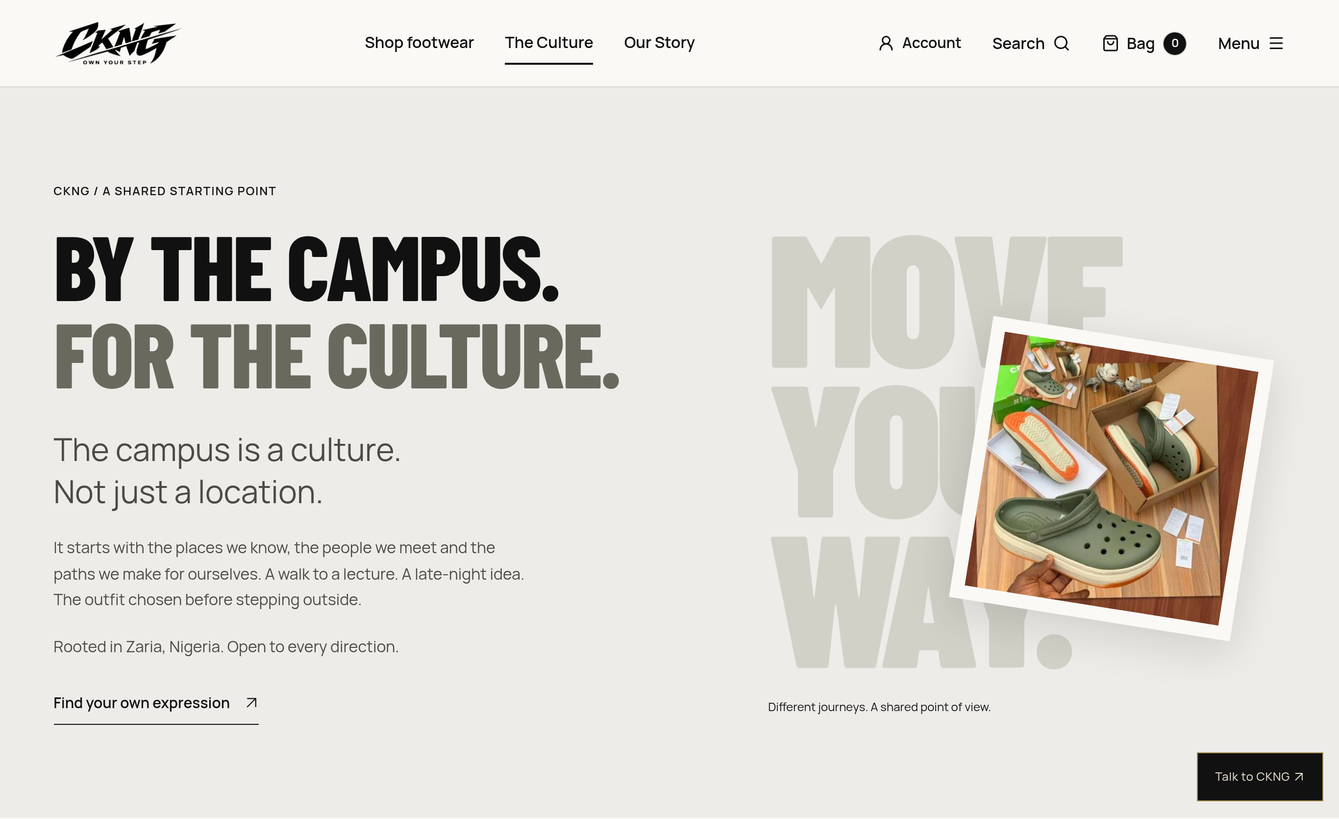 CampusKix NG culture section with By the Campus For the Culture typography and a tilted photograph of green clogs.